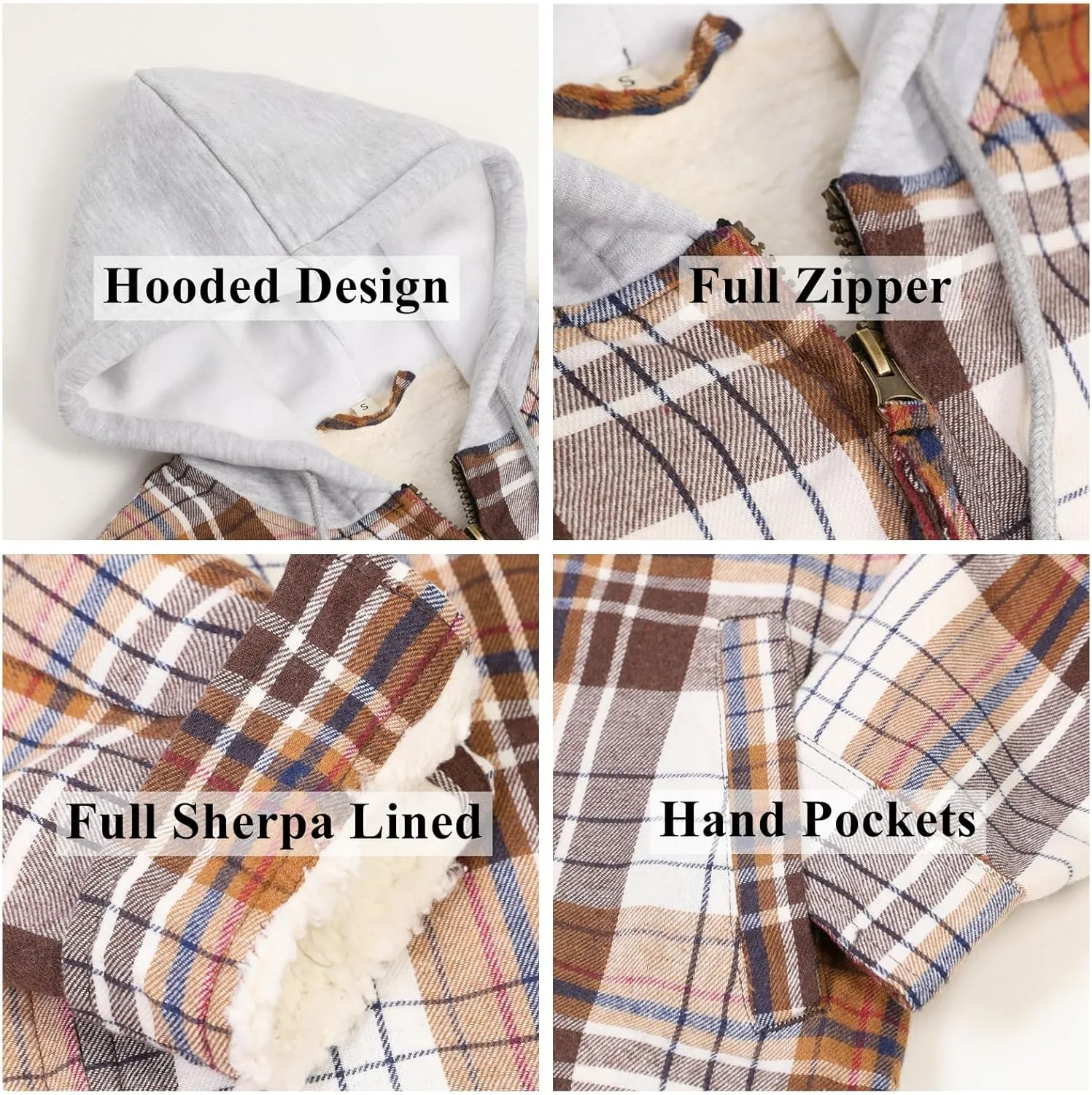 ThCreasa Womens Full Sherpa Lined Plaid Flannel Hooded Jacket with Hand Pockets, Zip Up Fuzzy Hoodie Flannel Shacket