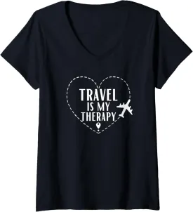 Womens Travel Is My Therapy Adventure Traveling Vacation V-Neck T-Shirt
