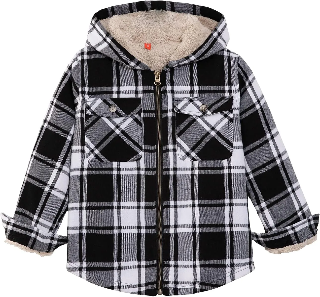 ZENTHACE Girls Sherpa Lined Full Zip Up Plaid Flannel Shirt Fuzzy Hooded Flannel Jacket with Hand Pockets