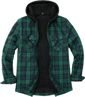 ZENTHACE Men's Sherpa Lined Full Zip Hooded Plaid Shirt Jacket